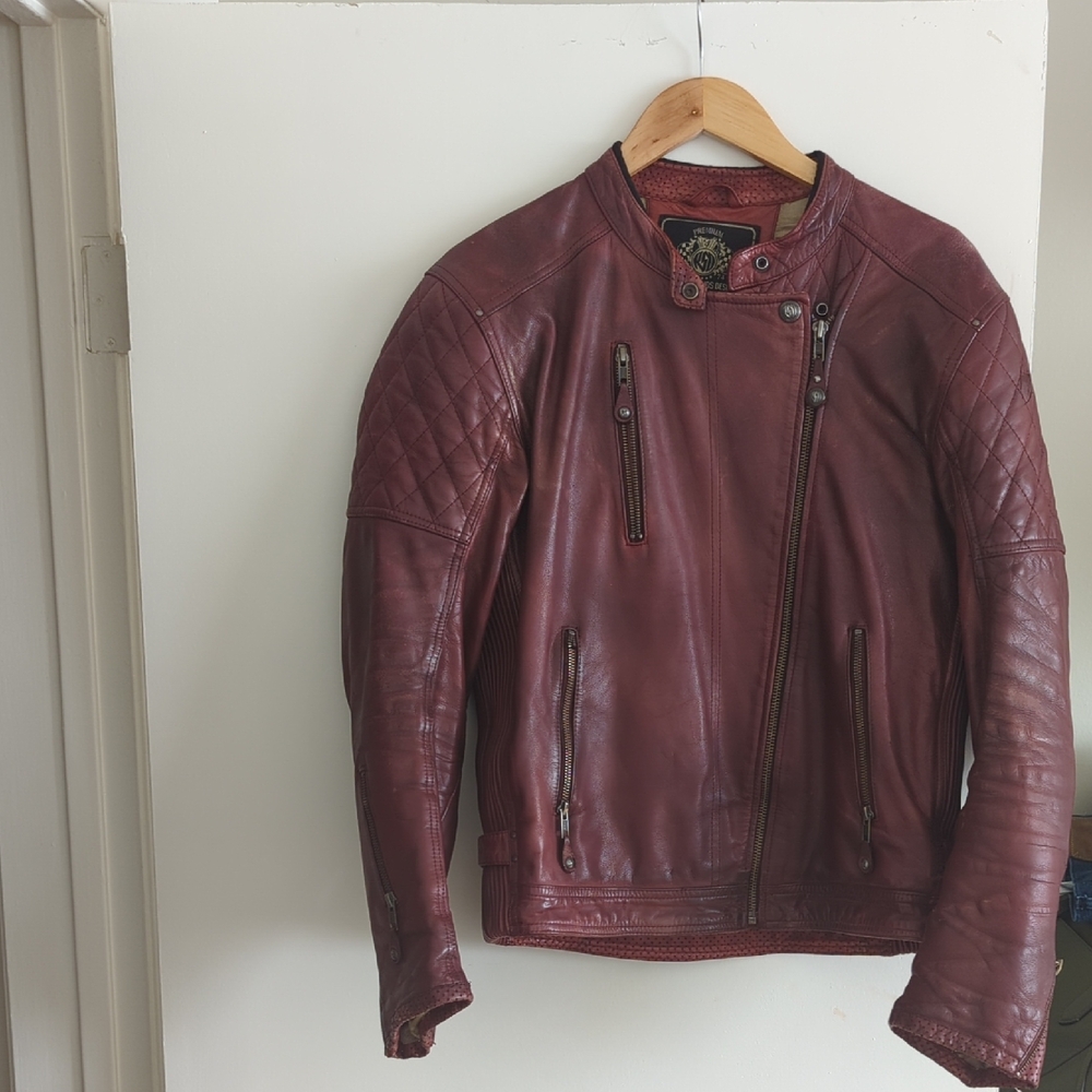 Roland sans Men's Burgundy Motorcycle Leather Jacket